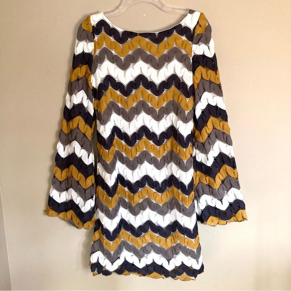 Anthropologie Chevron Knit Mini Dress in Mustard, White, Gray, and Navy